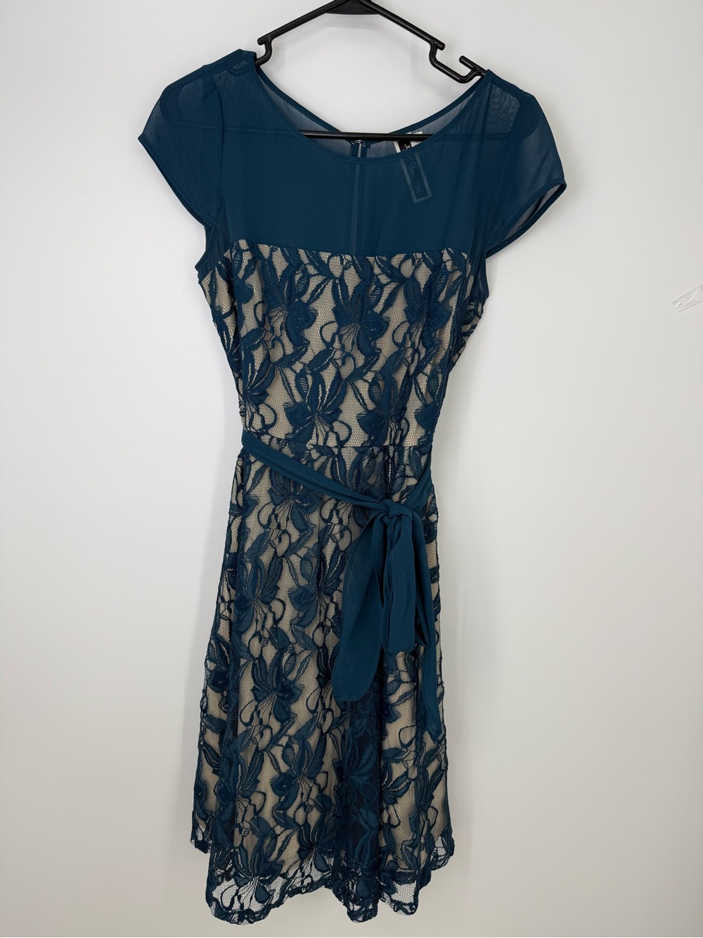 Julian Taylor Teal Lace Overlay Cap Sleeve Cocktail Dress with Waist Tie 6